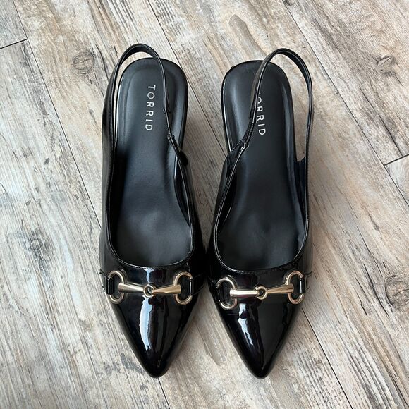 torrid Shoes - Torrid Slingback Heels Women's 11 Wide Black Patent Leather Gold Hardware